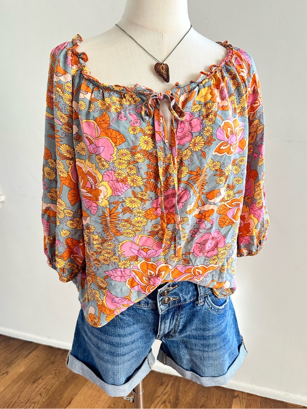 100% Viscose Boho Floral Peasant Blouse Pink Orange Gray Off Shoulder Top L/XL